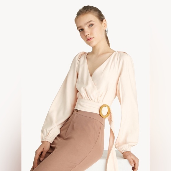 Pomelo Cropped Belted Wrap Blouse - Light Pink XS - Picture 7 of 10